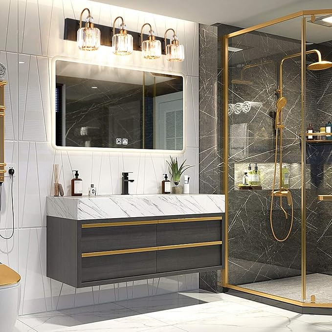 Ralbay LED Modern Vanity Lights Fixtures 4 Lights Black Vanity Lights Crystal Modern Matte Black Vanity Lights for Bathroom