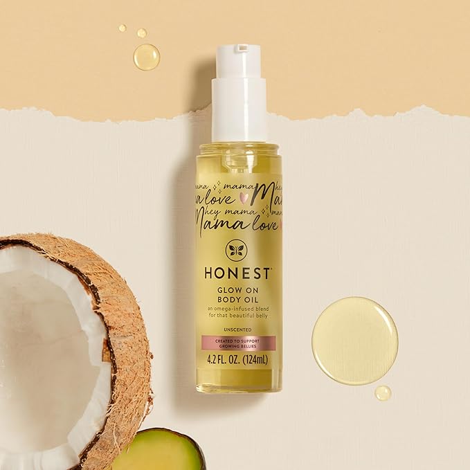 The Honest Company Mama Hydrating and Soothing Glow On Body Belly Oil,Plant Based Hypoallergenic,Fragrance-Free,4.2 fl oz,(Pack of 2)