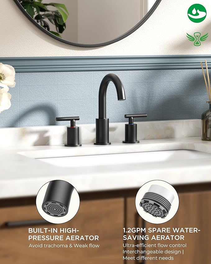 FORIOUS 2 Pack Black Bathroom Faucet 3 Hole, 8" Widespread Matte Black Bathroom Sink Faucet with 360°Swivel Spout, Suitable for 6-12 Inch Vanity Sink, with Metal Pop-up Drain and Supply Line