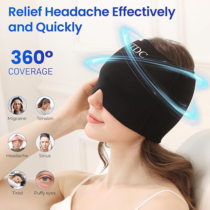 Migraine Relief Cap Gel Ice Head Wrap - Hot & Cold Therapy Soothing Headache Hat Ice Pack Mask, Headache Relief Wrap for Tension, Stress, Hangover &Puffy Eyes (Black)