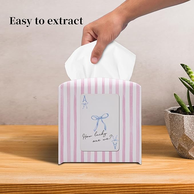 Grace Yonks Cute Tissue Box Cover Square - Ace of Hearts-Inspired Bow Design 5.2" PU Leather Holder for Vanity, Desk, or Bathroom Counter - Cube Case for Facial Tissues(003)