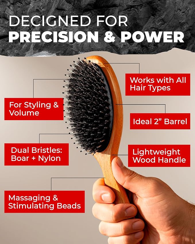 Bossman Men's Boar and Nylon Bristle Hair and Beard Brush - Detangling & Straightening Wooden Oval Wet Brush - Ergonomic Bamboo Design