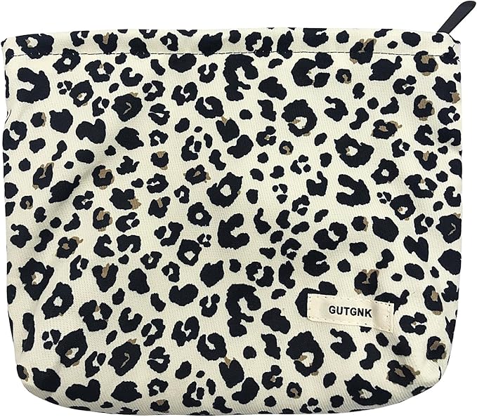 GUTGNK Corduroy Ladies Cosmetic Bag, Large Capacity Canvas Cosmetic Bag Travel Toiletry Bag Accessories Organizer, Black Spot Leopard Print