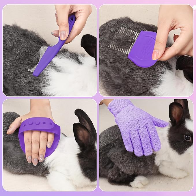 VCZONE 8 Pcs Small Animal Grooming Kit, Rabbit Grooming Kit with Pet Nail Clipper and File, Flea Comb, Pet Shampoo Bath Brush, Pet Shedding Slicker Brush, Bath Massage Glove, Cleaning Comb (Purple)