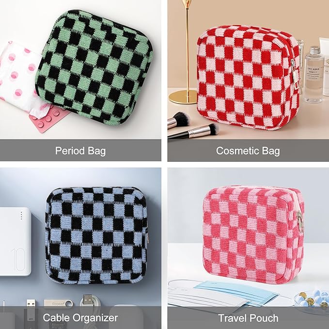 Sanitary Napkin Storage Bag, Menstrual Pad Zipper Bag Checkered Portable Period Bag Panty Liners, Tampon Storage Pouch for Women Ladies Daily Use Storage Purse Travel