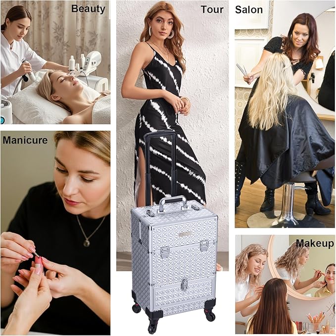 Rolling Makeup Case,Professional Cosmetology Case on Wheels,Large Cosmetic Organizer Train Case,Makeup Travel Case with Draws & Swivel wheels Nail Tech Salon Storage Traveling Cart Trunk,Silver