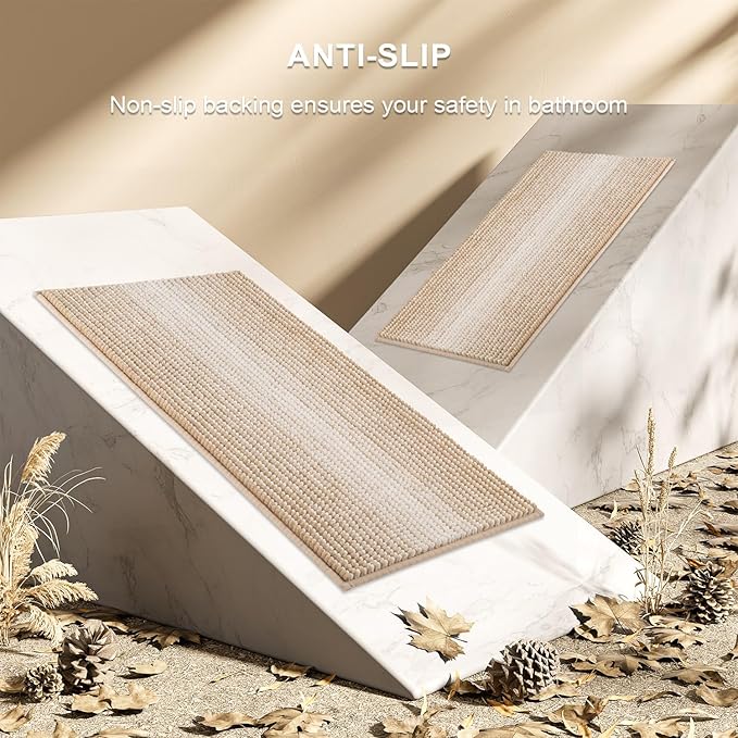 BSICPRO Bathroom Rugs and Mats Sets, 2 Piece Thick Absorbent Chenille Bath Mat Rug Set Non Slip, Soft Shaggy Bath Floor Mats for Bathroom, Machine Washable (20" x 47" Plus 16" x 24", Beige)