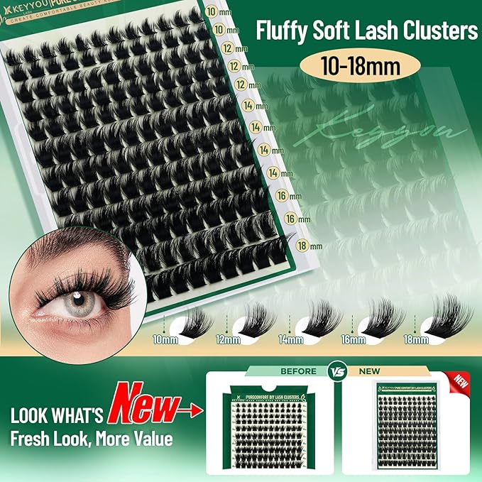 KEYYOU Lash Clusters 144pcs Eyelash Clusters 10-18mix D Curl Cluster Lashes Thick Super Soft Wispy DIY Eyelash Extension at Home(PC01-D-10-18MIX)