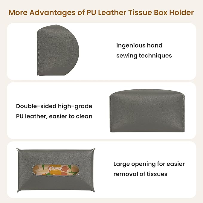 Long Tissue Box Cover, PU Leather Tissue Holder Rectangle, Facial Paper Organizer, Modern Dispenser for Bathroom, Kitchen, Home, Office, Tabletop (1, Grey, Short)