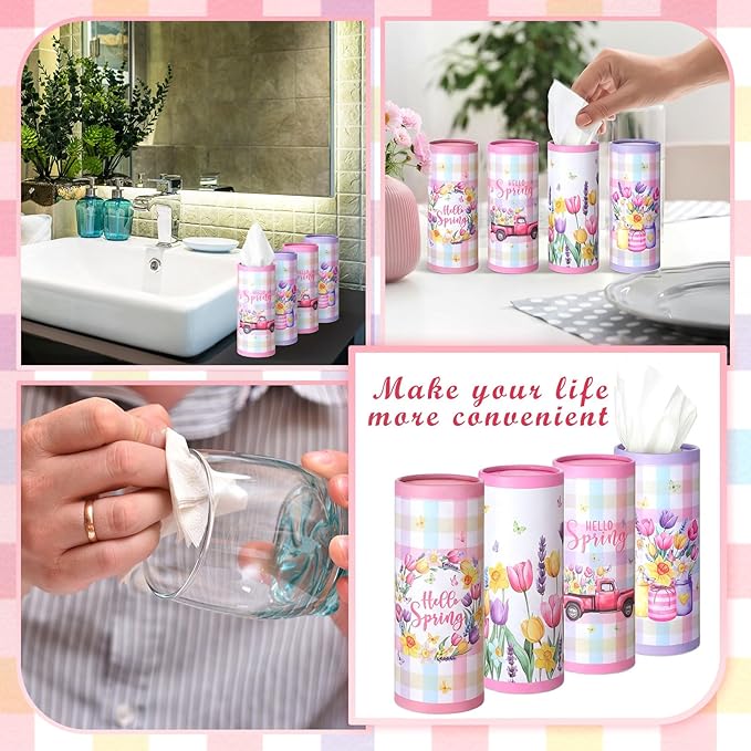 12 Pack Hello Spring Car Tissue Cylinder Holder Bulk with 3 Ply Facial Tissues Flower Round Napkin Holders for Cup Holder Cylinder Floral Mason Jar Travel Paper Tubes Bulk Napkin Boxes Packs