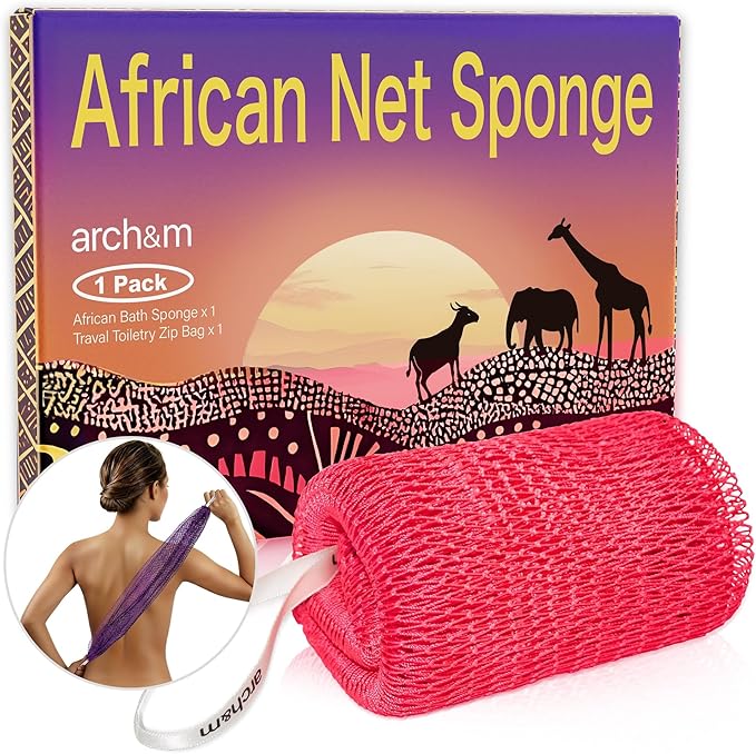ARCH&M Authentic African Net Sponge - Extra-Long 53" Back Scrubber, Quick-Dry Exfoliating Shower Loofah for Women and Men Daily Use, Soft Mesh for Sensitive Skin, Travel-Friendly Bath Accessories Gift