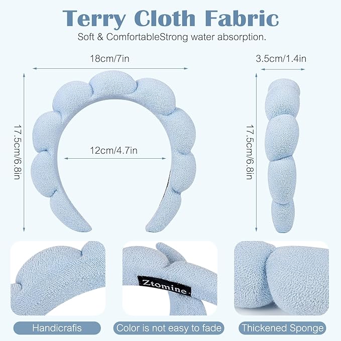 Spa Terry Cloth Headband Combo Pack - 2 Puffy Makeup Facial Headbands for Face Washing and Masks (Beige + Blue)
