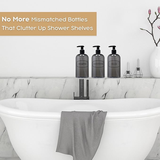 Bottiful Home-16 oz Shampoo, Conditioner, Wash Refillable Empty Plastic Pump Bottle Dispenser Set (Gray)