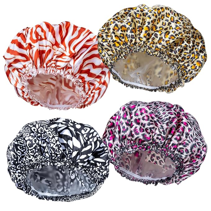 4 PCS Shower Caps for Women, Elastic and Reusable Bath Caps, Double Waterproof Layers Shower Cap, Bathing Shower Caps, Environmental Protection Hair Bath Hat - Printed Color