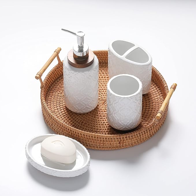 Elegant Bathroom Accessories Set 4 PCS Ceramic and Wood Bathroom Accessory Set Soap Dispenser Toothbrush Holder Tumbler Soap Dish Easy to Clean Quatrefoil Pattern White
