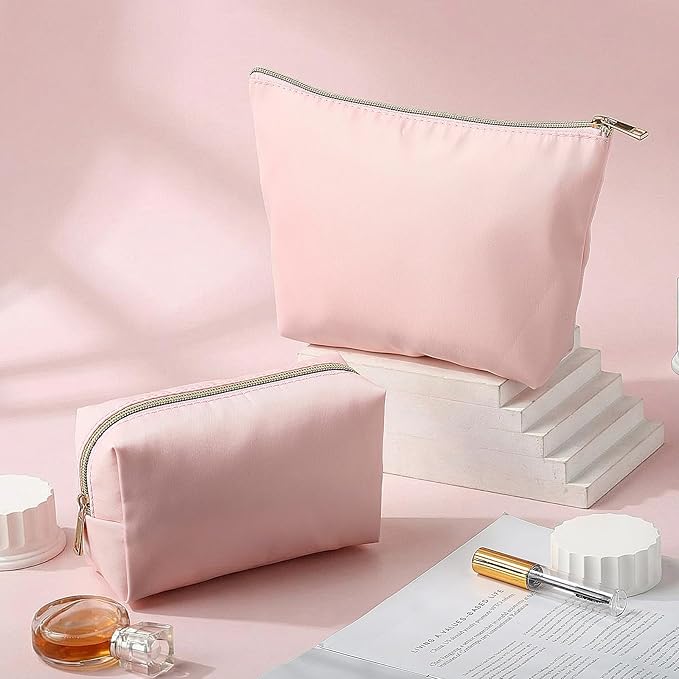 Kigeli 2 Pcs Nylon Makeup Bag Set for Women Wedding Favors Cosmetic Bag with Interior Pockets Preppy Cute Purse Pouch Pencil Case Makeup Brushes Storage Organizer for Travel Toiletry Bags(Pink)