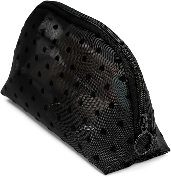 Portable Mesh Makeup Bag with Zipper Small Travel Toiletry Bag Lightweight Cosmetic Pouch (Black&Black Heart Half Round)