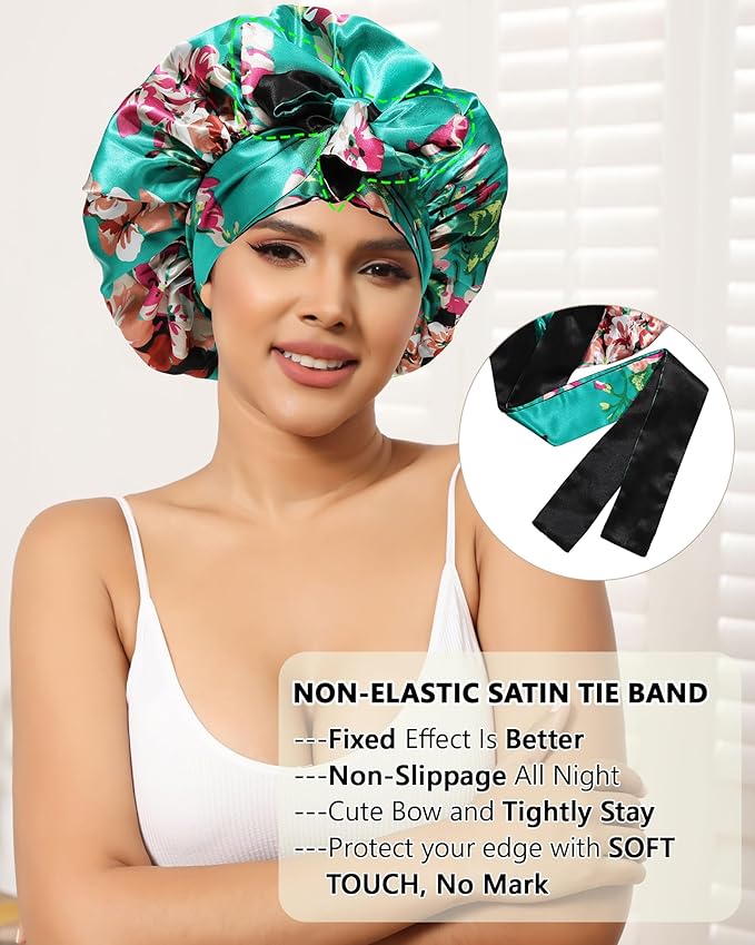 AWAYTR Satin Bonnet Silk Hair Bonnets for Women Curly Hair Wrap Sleeping Cap Reversible with Tie Band Night Cap (Green + Black) 7 7/8-8