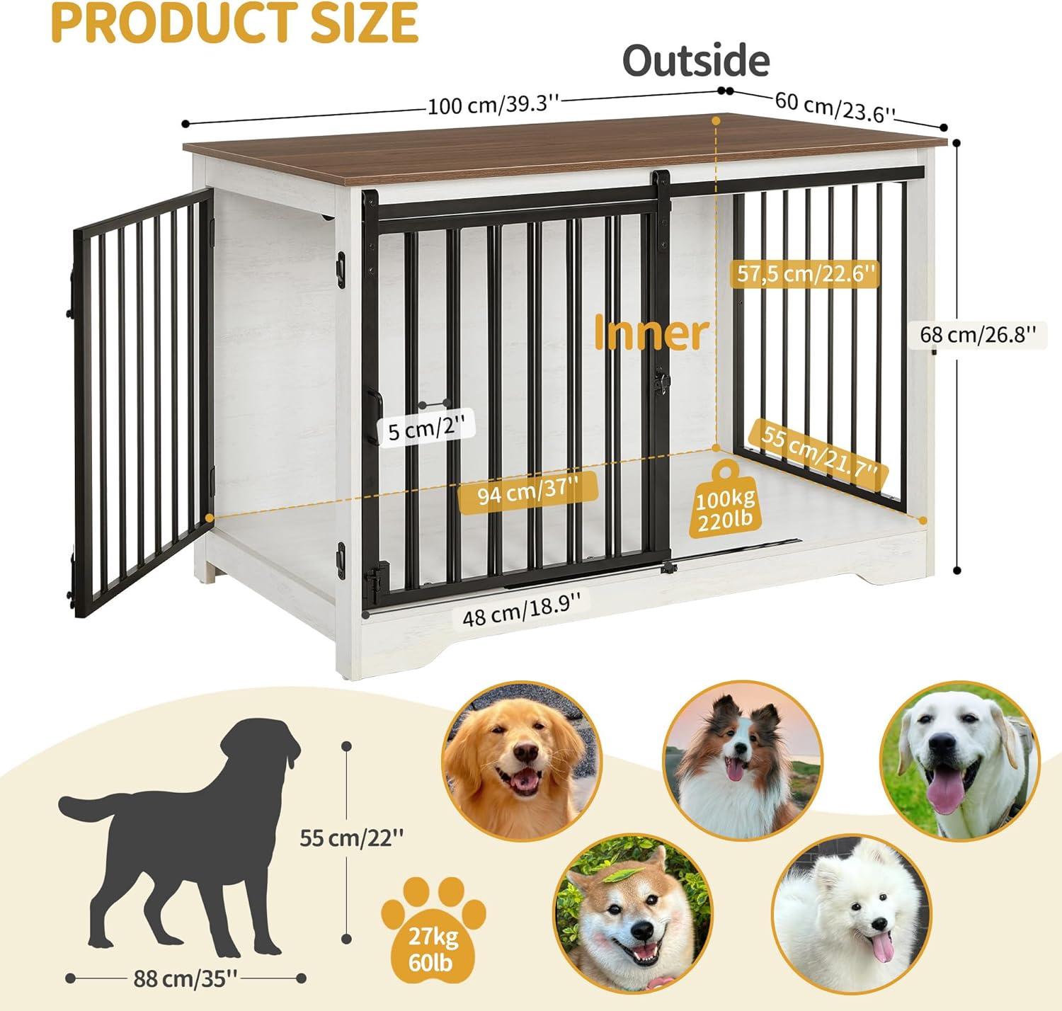 39.4" Heavy Duty Dog Crate Furniture with Barn Door, Wood Indoor Dog Crate Kennel for Small/Medium/Large Dogs, End Side Table, TV Stand, Anti-Chew Anti-Escape, White Brown DFC02314B