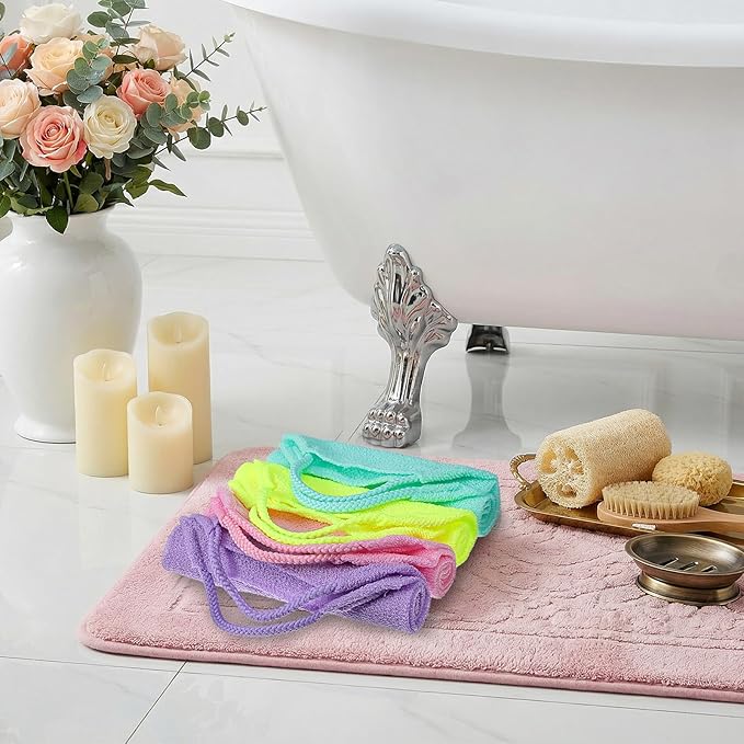 4Pcs Exfoliating Back Scrub, 4 Colores Extended Length Body Scrubber Cloth Towel for Shower Nylon Stretchable Bath Pull Strap for Body Cleans Skin Massages