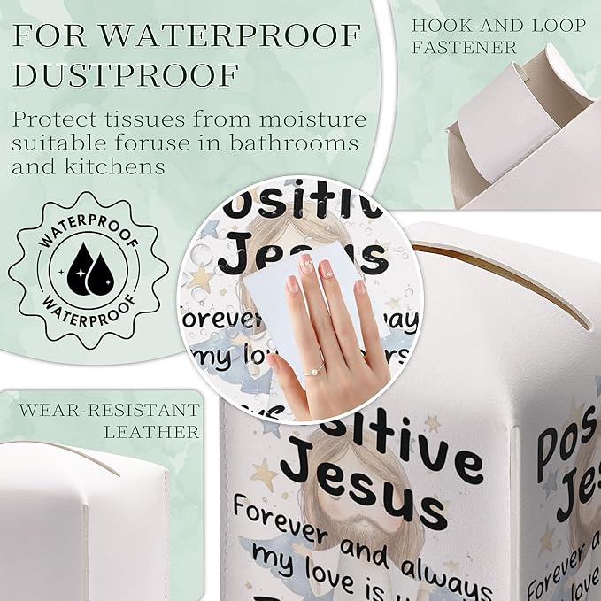 Positive Jesus Tissue Box Cover Square, Catholic Religious Waterproof Leather Tissue Box Holder, Jesus Paper Facial Tissue Box Covers Cube for Office Bathroom Home Prayer Room and Car Decor