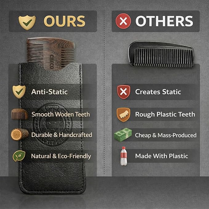 Sandalwood Beard Comb for Men – Pocket-Size Anti-Static Wooden Grooming Comb with Protective Case – For Beard, Mustache & Hair