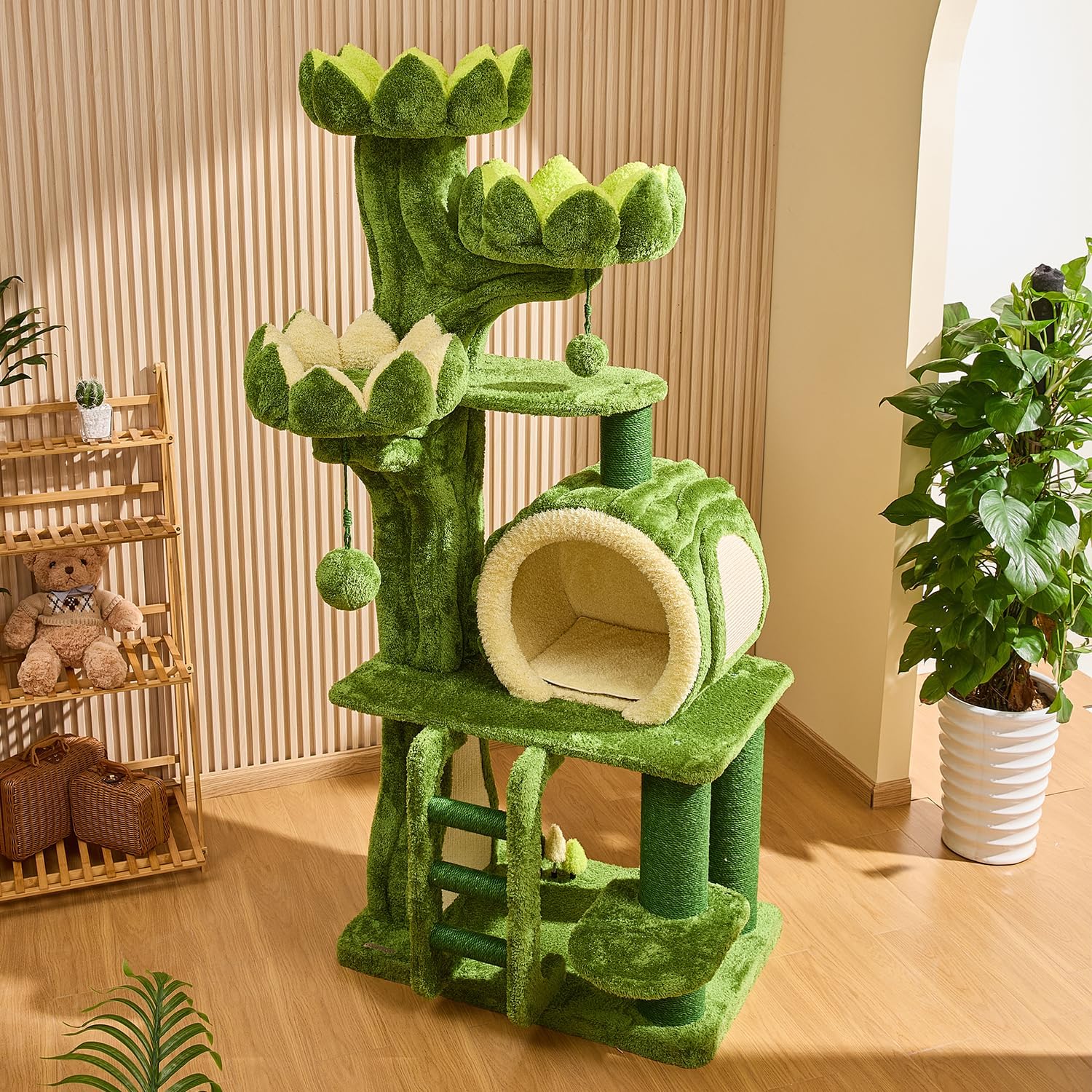 80.35'' Luxury Cat Tree for Indoor Cats, All-in-One Tall Flower Tower with Scratching Post, Multi-Level Heavy Duty Cat Tree for Indoor Cats, Solid Wood Cat Condo for Multi-Cat Families