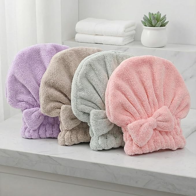 Microfiber Hair Towel for Travel, Quick Drying Hair Turban with Bow, Super Absorbent Anti Frizz Hair Wrap for After Shower, Lightweight Hair Cap for Women Curly Thick Hair (One Pink + One Green)