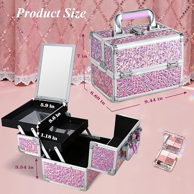 FRENESSA Makeup Case Organizer Cosmetic Box Storage Portable Makeup Train Case with Mirror 2 Trays Travel Vanity Box for Cosmetics Nail Kits Craft Tools Case Aluminum Hard Make Up Organizer Shiny Pink
