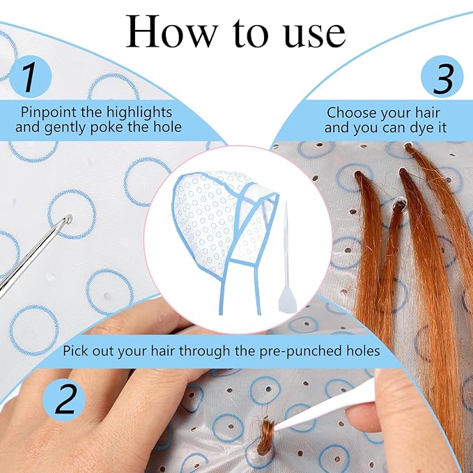 Bewudy 12 Pcs 4 Sets of Highlight Cap with Hooks, Hair Highlighting Caps, Highlight Hair Coloring Frosting Dye Kit for Salon Hair Dyeing Hairdressing (2 Blue + 2 Pink)