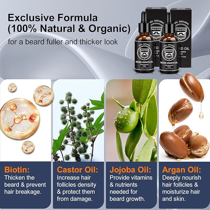 MALE GOD Beard Growth Kit, Beard Kit w/Upgraded Beard Growth Oil - Biotin and Batana Oil, Beard Growth Balm, Beard Massager for Spot/Patchy Beard, Birthday Gifts for Him Boyfriend Husband