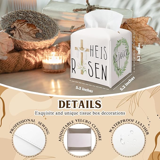 Botanical & Cross Design Tissue Box Cover - He Is Risen & Rejoice PU Leather Waterproof Tissue Holder - Easter Facial Paper Organizer for Home Bathroom Office -Desk Easter Decorative Dispenser Box-B06