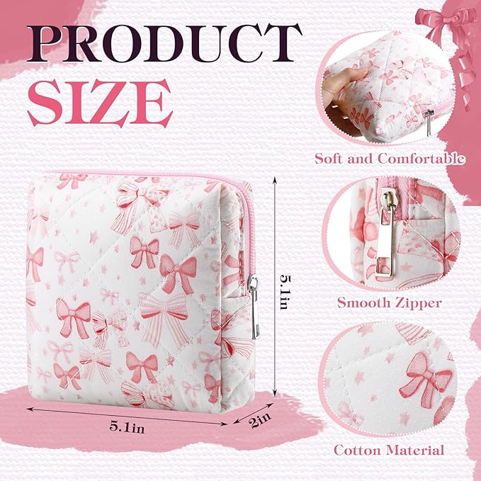 Paterr 4 Pcs Mini Quilted Floral Makeup Bag Women Gifts Small Cosmetic Bag Floral Quilted Makeup Pouch with Zipper Cute Travel Toiletry for Mom Teacher Women Girls Gifts(Pink Bow, Flower)