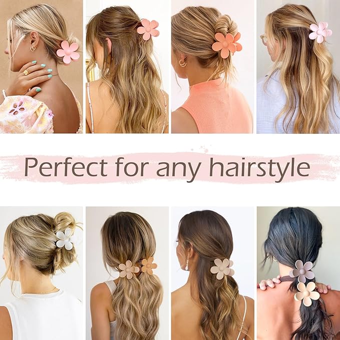 Flower Hair Clips 8PCS, Large Claw Clips for Women Girls Thick Thin Hair, Strong Hold Non slip Big Matte Dasiy Jaw Clamps Hair Accessories 8 Colors