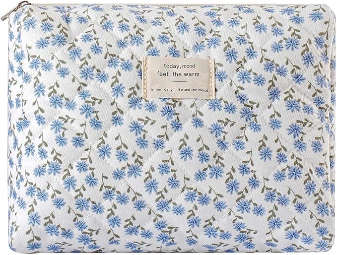 uekeboag Quilted Cotton Makeup Bag,Coquette Quilted Toiletry Bag for Women and Girls,Floral Coquette Pouch,Cute Kawaii Travel Cosmetic Bags(Dark Blue Flower)