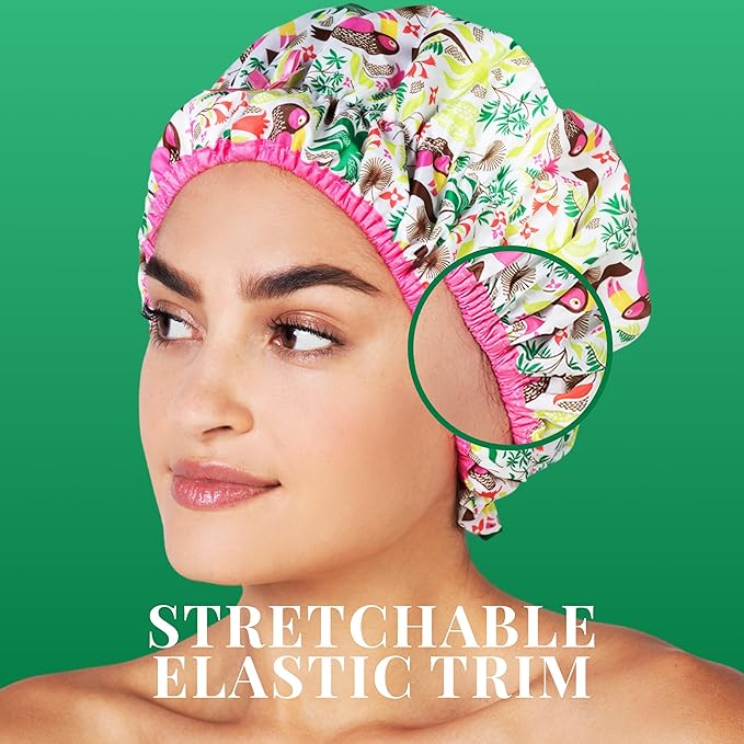 Reusable Bath & Shower Cap Lined, Oversized Waterproof Shower Caps Large Designed for all Hair Lengths with PEVA Lining & Elastic Band Stretch Hem Hair Hat - Fashionista Tropical