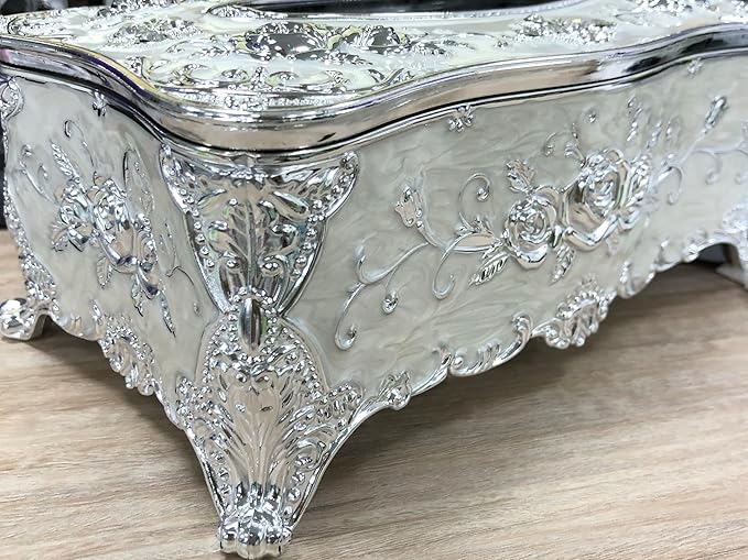 9.45"x5.43"x3.94" Luxurious Rose Tissue Box with Imitation Diamonds, Embossed Flowers, Elegant Tissue Paper Holders for Home Toilet Bath Hotel,Silver-White