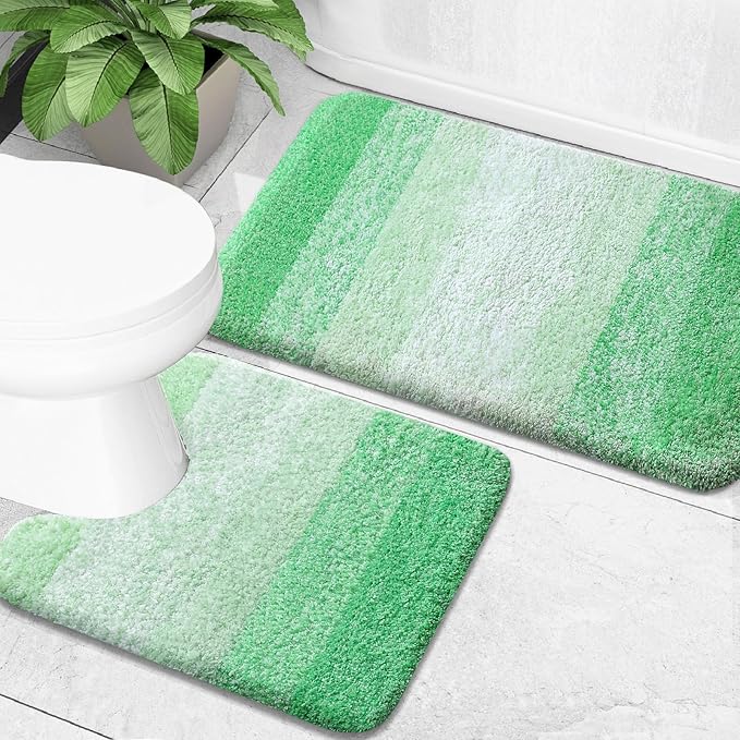 OLANLY Bathroom Rug Set 2 Piece, Soft Absorbent Microfiber Bath Mats and U-Shaped Contour Toilet Rug, Non-Slip, Machine Wash Dry, Plush Shaggy Bath Mats for Bathroom (30"x20"+24"x20", Green)