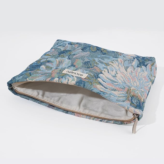 2 PCS Makeup Bag Small Cute Cosmetic Bags for Women，Floral Travel Toiletry Bag for Purse, Large Canvas Cosmetic Pouch Makeup Organizer Tool Pouch with Zipper（Blue Flower）