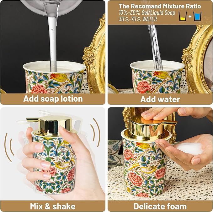 Vintage Rose Ceramic Foaming Soap Dispenser for Bathroom & Kitchen Refillable Lotion Liquid Foam Pump Dispensers