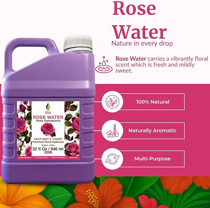 SVA Rose Water - 32 Fl oz - Refreshing Rose Water Spray for Skin Care, Skin Hydration, Bath, Soaps, Haircare & Aromatherapy