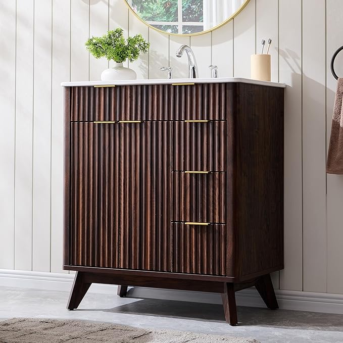 T4TREAM 30" Fluted Bathroom Vanity with Ceramic Sink Combo，Freestanding Modern Bathroom Storage Vanity Cabinet with 2 Soft Closing Doors & 3 Drawers，Wood Grain Texture，Metal Handle，Dark Walnut