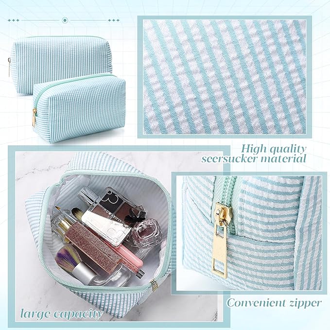 Sanwuta 6 Pcs Seersucker Cosmetic Bags Bulk Seersucker Makeup Bags Stripe Women Pouch Large Preppy Storage Pouch Toiletry Travel Organizer for Wedding Bridesmaid Bride Favor Mom Gift (Lake Blue)