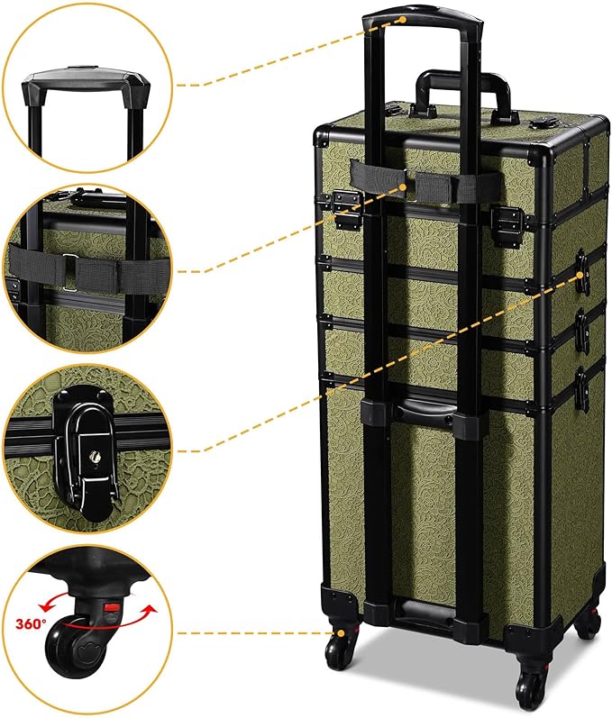 BYOOTIQUE Cosmetology Cases on Wheels Rolling Makeup Organizer Cart 3-Piece Professional Nail Tech Storage Kit for Nail Artist Barber Salon Hairstylist,Rococo Moss