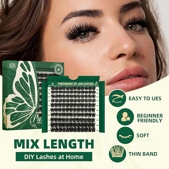 KEYYOU Lash Clusters 120pcs Eyelash Clusters 10-18mix D Curl Cluster Lashes Thick Super Soft Wispy DIY Eyelash Extension at Home(PC02-D-10-18MIX)