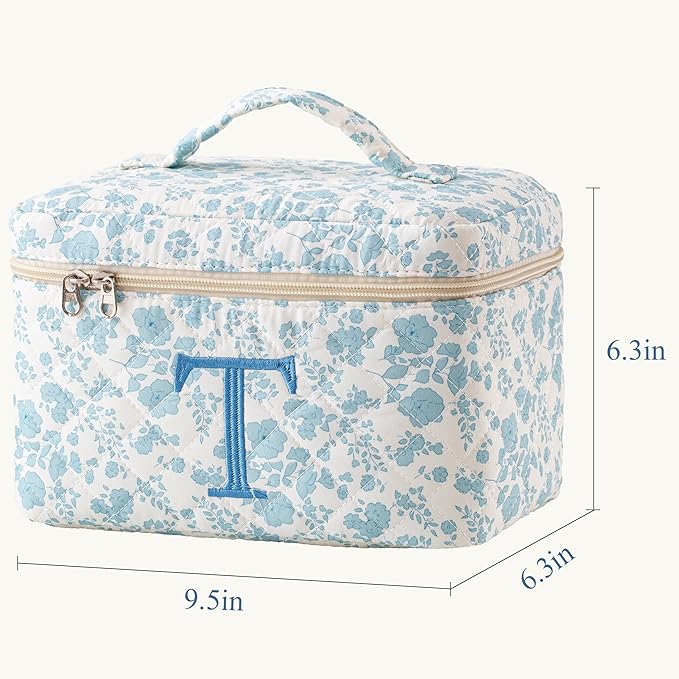 HBselect Initial Quilted Makeup Bag, Cotton Large Travel Makeup Bag, Cute Floral Coquette Make up Bag Cosmetic Bag Toiletry Bag for Women Girls T