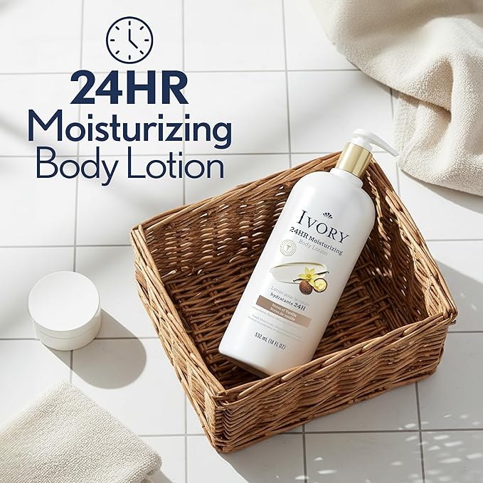 Ivory Hand & Body Lotion, 24hr Moisturizing, Repairs Extra Dry Skin, All Day Hydration, Lightweight Formula, Absorbs Instantly, Perfect for Daily Use, Shea Butter Blend, Vanilla Scent, 18 fl oz