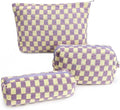 3 Pcs Makeup Bag Checkered Cosmetic Bag Large Capacity Traveling Toiletry Pounch Organizer Cute Makeup Brushes Aesthetic Accessories Storage Bag for Girls Women (Purple-White)