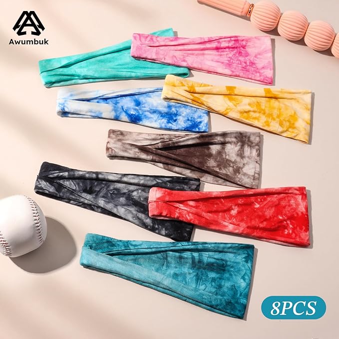 Headbands for Women, 8 Pack Non-Slip Moisture Wicking Sports Wide Head Bands, Stretchy Elastic Fabric, Multiple Colors Securing Hair for Fashion, Sports, Yoga, Running, Daily Life