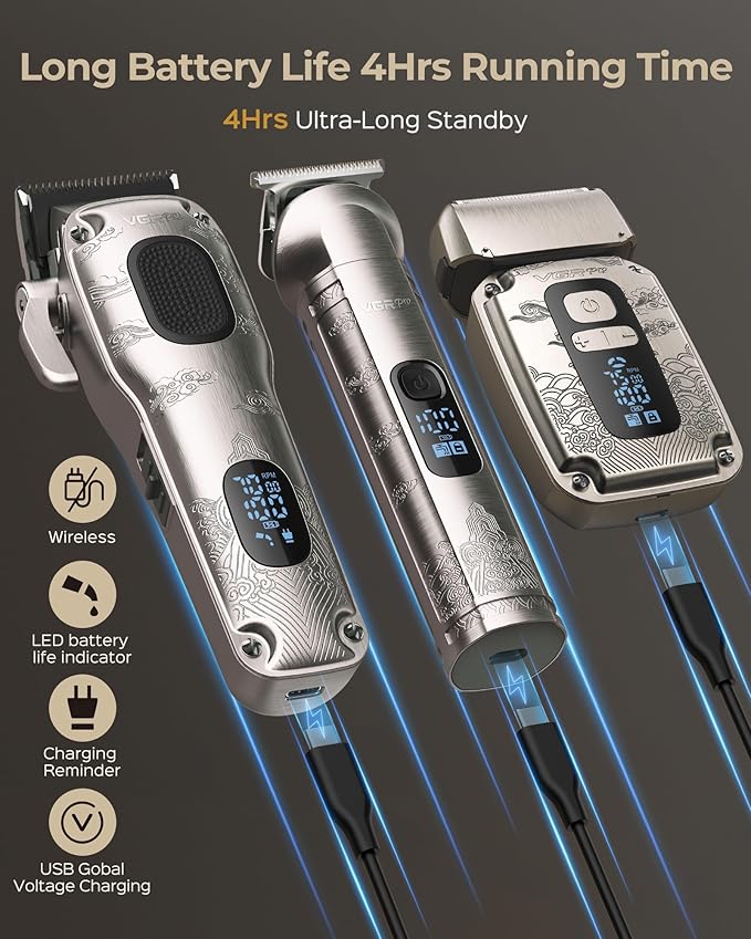 Hair Clipper & Trimmer Set for Men Professional, Waterproof Electric Razor Foil Shaver for Men Face Beard, Cordless for Hair Cutting, 4-Speed Setting, LED Battery Display, Barber or Home Use (Silver)